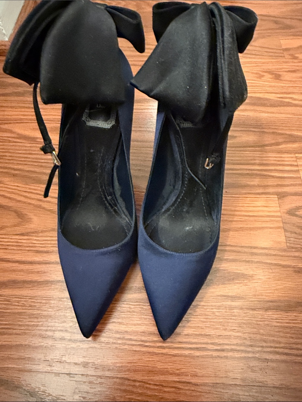 Dior Navy Pointed-Toe Heels with Large Black Bow Ankle Strap